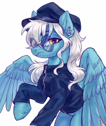 Size: 2802x3318 | Tagged: safe, artist:lunnitavaldez, derpibooru import, oc, oc only, oc:ice, pegasus, pony, clothes, commission, ear piercing, earring, female, glasses, hat, jewelry, lidded eyes, looking at you, mare, piercing, simple background, solo, white background