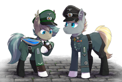 Size: 2474x1662 | Tagged: safe, artist:kaliner123, derpibooru import, oc, bat pony, earth pony, pony, armed police, blackletter, boots, clothes, germany, hat, military uniform, peaked cap, shoes, the new order, tno, uniform, watch, wristwatch