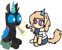 Size: 1578x1265 | Tagged: safe, artist:symphonydawn3, artist:theunidentifiedchangeling, derpibooru import, oc, oc:[unidentified], oc:jackie spectre, changeling, earth pony, pony, changeling oc, cute, digital art, doot, female, foal, hat, horn, male, mlp fim's eleventh anniversary, party hat, party horn, simple background, sitting, smiling, transparent background, wings