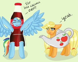 Size: 1280x1024 | Tagged: safe, artist:anastasiaplisetskaya, derpibooru import, earth pony, pegasus, pony, bipedal, bottle, clothes, coca-cola, costume, duo, eyes closed, female, halloween, holiday, ponytober, simple background, tea kettle