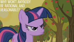 Size: 1280x720 | Tagged: safe, derpibooru import, edit, edited screencap, editor:quoterific, screencap, twilight sparkle, unicorn twilight, pony, unicorn, over a barrel, season 1, apple, female, food, mare, solo, tree