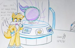 Size: 1889x1220 | Tagged: safe, artist:gmangamer25, derpibooru import, starlight glimmer, anthro, plantigrade anthro, ball, dialogue, glimmerball, miles "tails" prower, rolling, sonic the hedgehog (series), spin dash, traditional art