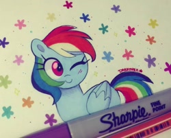 Size: 1080x869 | Tagged: safe, artist:darkynez, derpibooru import, rainbow dash, flower, one eye closed, sharpie, traditional art, wink