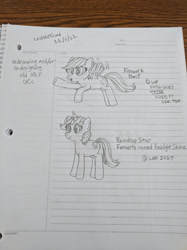 Size: 1280x1707 | Tagged: safe, artist:nightshadowmlp, derpibooru import, oc, oc only, oc:firework blast, oc:rainlight shine, pegasus, unicorn, female, lined paper, mare, redesign, text, traditional art