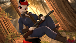 Size: 7680x4320 | Tagged: safe, artist:loveslove, derpibooru import, oc, oc only, oc:blackjack, anthro, unicorn, fallout equestria, fallout equestria: project horizons, 3d, absurd file size, absurd resolution, clothes, commission, day, double barreled shotgun, fanfic art, female, forest, gun, horn, looking at you, outdoors, shotgun, sitting, solo, source filmmaker, tree, unicorn oc, vault suit, weapon