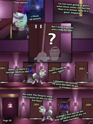 Size: 2600x3463 | Tagged: safe, artist:jesterpi, derpibooru import, oc, oc:jester pi, pegasus, pony, comic:a jester's tale, breath, bucket, cleaning, clothes, comic, corridor, dirty, exhale, eyes closed, horn, lamp, maid, manehattan, mop, panic, pegacorn, room, slice of life, stain, standing, sweat, sweatdrops, text, trotting, wardrobe