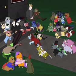 Size: 1920x1920 | Tagged: safe, artist:kerosinecannibal, derpibooru import, oc, oc:avocado, oc:bonnie, oc:doctor crazystein, fluffy pony, clothes, costume, fluffy pony original art, halloween, holiday, hugbox