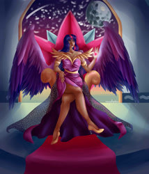 Size: 3000x3500 | Tagged: safe, artist:waywardberkian, derpibooru import, twilight sparkle, human, clothes, dress, female, high heels, humanized, magic, shoes, solo, throne, winged humanization, wings