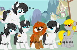 Size: 1021x668 | Tagged: safe, artist:mythoschan, derpibooru import, pony, king julien, kowalski, marlene, ponified, private, rico, skipper, the penguins of madagascar