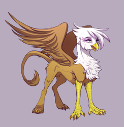 Size: 2989x3057 | Tagged: safe, artist:1an1, derpibooru import, gilda, griffon, eye clipping through hair, eyebrows, eyebrows visible through hair, female, high res, open mouth, pubic fluff, purple background, simple background, solo, spread wings, wings