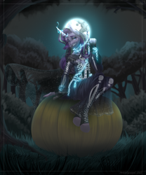 Size: 2500x3000 | Tagged: safe, artist:artistgenepal, derpibooru import, starlight glimmer, anthro, unguligrade anthro, unicorn, chains, clothes, curved horn, dress, female, forest, full moon, glowing, glowing horn, grim reaper, grin, high res, horn, moon, night, pumpkin, skull, smiling, solo, tree
