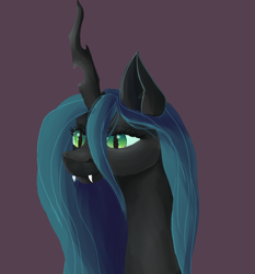 Size: 748x801 | Tagged: safe, artist:rowdyscooter, derpibooru import, queen chrysalis, changeling, changeling queen, bust, fangs, female, portrait, purple background, simple background, solo