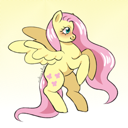 Size: 3600x3600 | Tagged: safe, artist:mokrysha, derpibooru import, fluttershy, pegasus, pony, blushing, female, gradient background, high res, mare, profile, rearing, solo, spread wings, wings