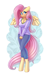 Size: 2208x3508 | Tagged: safe, artist:dandy, derpibooru import, fluttershy, anthro, pegasus, unguligrade anthro, :3, blushing, bra, breasts, cleavage, clothes, cute, ears, female, floppy ears, high res, hootershy, looking at you, mare, pants, shirt, shy, shyabetes, smiling, smiling at you, solo, underwear, wings