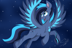 Size: 1500x1000 | Tagged: safe, artist:mr.rexy, derpibooru import, oc, oc only, oc:twisted rush, pegasus, pony, eyebrows, female, flying, looking back, mare, night, open mouth, open smile, outdoors, pegasus oc, signature, simple background, sky, smiling, solo, spread wings, stars, unshorn fetlocks, wings