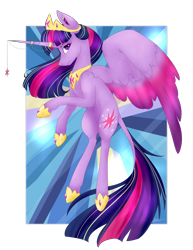 Size: 2000x2588 | Tagged: safe, artist:viking3ggs, derpibooru import, twilight sparkle, twilight sparkle (alicorn), oc, alicorn, pony, alicorn oc, colored wings, female, flying, hoof shoes, horn, jewelry, leonine tail, mare, peytral, simple background, solo, tail, tiara, transparent background, two toned wings, wings