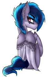 Size: 677x1082 | Tagged: safe, artist:beamybutt, derpibooru import, oc, oc only, pegasus, pony, colored wings, ear fluff, ears, looking back, male, pegasus oc, simple background, sitting, solo, stallion, transparent background, two toned wings, wings