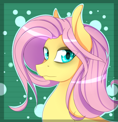 Size: 1950x2022 | Tagged: safe, artist:herusann, derpibooru import, fluttershy, pegasus, pony, abstract background, bust, eyeliner, female, makeup, mare, solo