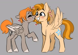 Size: 2893x2039 | Tagged: safe, artist:kadus_uwu, artist:madkadd, derpibooru import, oc, pegasus, pony, blushing, colored hooves, colored wings, eyes closed, freckles, gray background, grin, heart, oc x oc, pegasus oc, shipping, simple background, smiling, two toned wings, wings