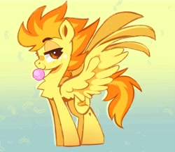 Size: 1000x864 | Tagged: safe, artist:sugaryyflower, derpibooru import, spitfire, pegasus, pony, abstract background, blowing bubblegum, bubblegum, chewing, eating, female, food, freckles, gum, looking at you, mare, raised eyebrow, solo, spread wings, standing, wings, wonderbolts