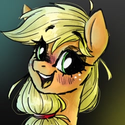 Size: 1024x1024 | Tagged: safe, artist:madkadd, derpibooru import, applejack, earth pony, pony, abstract background, blushing, bust, cute, eyelashes, female, freckles, gradient background, hatless, jackabetes, looking at you, mare, missing accessory, open mouth, open smile, smiling, smiling at you, solo