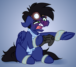 Size: 4000x3500 | Tagged: safe, artist:witchtaunter, derpibooru import, oc, pegasus, pony, angry, clothes, commission, controller, gamer, goggles, male, pointing, red face, scarf, sitting, solo, yelling