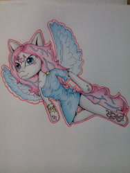 Size: 1920x2560 | Tagged: safe, artist:clown-bread, derpibooru import, star catcher, anthro, pegasus, unguligrade anthro, arm hooves, clothes, dress, smiling, solo, tattoo, traditional art, wings