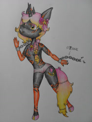 Size: 972x1296 | Tagged: safe, artist:clown-bread, derpibooru import, oc, oc only, anthro, bicorn, unguligrade anthro, chains, cloven hooves, female, horn, multiple horns, smiling, solo, tattoo, traditional art, waving