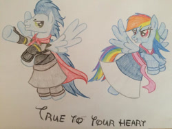 Size: 960x720 | Tagged: safe, artist:gibina4ever, derpibooru import, rainbow dash, soarin', clothes, crossover, disney, dress, female, male, mulan, shipping, soarindash, straight, traditional art, true to your heart