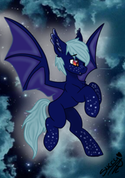 Size: 500x711 | Tagged: safe, artist:succy, derpibooru import, oc, oc only, oc:stellar light, bat pony, pony, bat wings, chest fluff, cloud, ear fluff, ears, eyebrows, eyebrows visible through hair, fangs, flying, male, night, outdoors, signature, sky, smiling, solo, spread wings, stallion, stars, wings