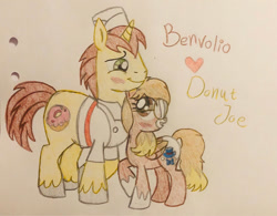 Size: 1024x797 | Tagged: safe, artist:gibina4ever, derpibooru import, donut joe, oc, oc:benvolio, pegasus, blushing, canon x oc, clothes, female, glasses, male, pegasus oc, shipping, straight, traditional art