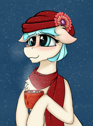 Size: 2203x2975 | Tagged: safe, alternate version, artist:mix333, derpibooru exclusive, derpibooru import, coco pommel, earth pony, pony, blushing, breath, chocolate, clothes, cocobetes, cute, ears, female, floppy ears, food, hat, hot chocolate, mare, marshmallow, mug, offscreen character, scarf, simple background, smiling, snow, snowfall, solo, steam, textless version