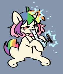 Size: 650x757 | Tagged: safe, artist:madkadd, derpibooru import, oc, oc only, pony, unicorn, bong, drugs, eyelashes, glowing, glowing horn, gray background, high, horn, magic, marijuana, multicolored hair, rainbow hair, simple background, sitting, smiling, solo, telekinesis, underhoof, unicorn oc