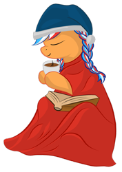 Size: 2063x2906 | Tagged: safe, artist:mistergi, oc, oc only, oc:ember (hwcon), blanket, book, chocolate, chocolate milk, hearth's warming con, mascot, milk, netherlands, simple background, solo, transparent background