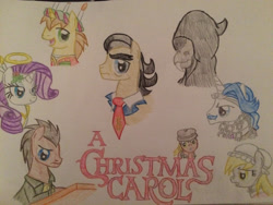 Size: 2828x2121 | Tagged: safe, artist:gibina4ever, derpibooru import, derpy hooves, doctor whooves, donut joe, fancypants, filthy rich, princess luna, rarity, a christmas carol, traditional art