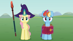 Size: 851x477 | Tagged: safe, artist:agrol, derpibooru import, fluttershy, rainbow dash, pony, unicorn, alternate hairstyle, book, glowing, glowing horn, hairstyle, hat, horn, let's start the game, looking at you, race swap, spellbook, staff, unicorn fluttershy, unicorn rainbow dash, wizard hat, youtube link