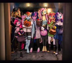 Size: 5400x4725 | Tagged: safe, artist:imafutureguitarhero, derpibooru import, angel bunny, applejack, fluttershy, pinkie pie, rainbow dash, rarity, sci-twi, sunset shimmer, twilight sparkle, twilight sparkle (alicorn), alicorn, anthro, bat pony, earth pony, pegasus, rabbit, unguligrade anthro, art pack:trick or treat 2021, equestria girls, 3d, absurd resolution, alternate mane seven, animal, arm on shoulder, bag, barehoof, baseball cap, bat ponified, black bars, blushing, boots, bra, butterfly wings, candy, cap, cargo pants, cheek fluff, choker, chromatic aberration, clothes, colored eyebrows, colored eyelashes, cosplay, costume, crop top bra, crossover, cute, denim shorts, doorway, dress, ear fluff, ear freckles, ears, electric guitar, elf hat, ellis, eye scar, fangs, female, film grain, fingerless gloves, floppy ears, fluffy, flutterbat, food, freckles, fur, glasses, gloves, grin, group, guitar, halloween, halloween 2021, halloween costume, hat, height difference, holiday, hoof boots, hoof fluff, horn, humane five, humane seven, humane six, jewelry, knee fluff, lab coat, leather, leather boots, leather gloves, left 4 dead 2, lingerie, link, link's hat, link's tunic, looking at you, mare, mouth hold, multicolored mane, multicolored tail, musical instrument, nail polish, necklace, necktie, night, one ear down, one eye closed, open mouth, open smile, pants, paper bag, peppered bacon, pirate, pirate costume, pirate hat, pot, pumpkin bucket, race swap, revamped anthros, revamped ponies, scar, scitwilicorn, shirt, shoes, shorts, signature, skirt, smiling, source filmmaker, species swap, straitjacket, streetlight, striped gloves, sword, tail, tanktop, text, the legend of zelda, tights, torn clothes, trick or treat, twiabetes, underwear, unshorn fetlocks, wall of tags, weapon, wings, wink