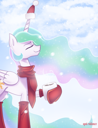 Size: 5834x7600 | Tagged: safe, artist:opal_radiance, derpibooru import, princess celestia, alicorn, pony, absurd resolution, chocolate, christmas, clothes, eyes closed, female, food, hat, holiday, hoof hold, hot chocolate, mare, mug, santa hat, scarf, smiling, snow, socks, solo