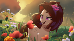 Size: 2666x1500 | Tagged: safe, artist:light262, derpibooru import, oc, oc:violet aria, earth pony, pony, earth pony oc, female, flower, flower in hair, lidded eyes, mare, open mouth, pun, scenery, scenery porn, solo, tree, violet (flower), visual pun