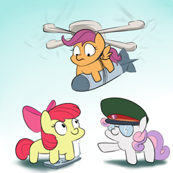 Size: 800x800 | Tagged: safe, artist:rocket-lawnchair, derpibooru import, apple bloom, scootaloo, sweetie belle, earth pony, pegasus, pony, unicorn, bomb, cap, cutie mark crusaders, drone, glasses, gradient background, hat, simple background, squatpony, weapon