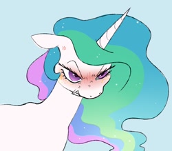 Size: 908x794 | Tagged: safe, artist:woollyart, derpibooru import, princess celestia, alicorn, pony, angry, blushing, ears, floppy ears, freckles, solo