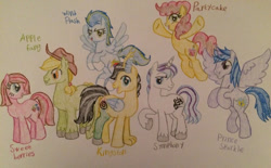 Size: 1200x742 | Tagged: safe, artist:gibina4ever, derpibooru import, oc, oc:apple fang, oc:kingston, oc:partycake, oc:prince sparkle, oc:sweet berries, oc:symphony, oc:wind flash, dracony, hybrid, interspecies offspring, next generation, offspring, parent:applejack, parent:cheese sandwich, parent:discord, parent:fancypants, parent:flash sentry, parent:fluttershy, parent:pinkie pie, parent:rainbow dash, parent:rarity, parent:soarin', parent:spike, parent:twilight sparkle, parents:applespike, parents:cheesepie, parents:discoshy, parents:flashlight, parents:raripants, parents:soarindash, traditional art