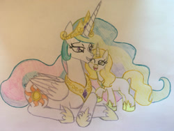 Size: 2048x1536 | Tagged: safe, artist:gibina4ever, derpibooru import, princess celestia, oc, oc:princess blossom, alicorn, adopted offspring, horn, next generation, offspring, parent:princess celestia, story included, traditional art, wings