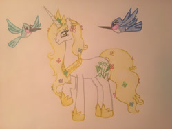 Size: 2048x1536 | Tagged: safe, artist:gibina4ever, derpibooru import, oc, oc:princess blossom, alicorn, bird, adopted offspring, flower, flower in hair, flower in tail, horn, next generation, offspring, older, parent:princess celestia, tail, traditional art, wings