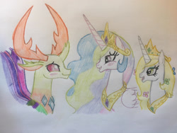Size: 2828x2121 | Tagged: safe, artist:gibina4ever, derpibooru import, princess celestia, thorax, oc, oc:princess blossom, alicorn, changedling, changeling, adopted offspring, female, horn, male, next generation, offspring, parent:princess celestia, shipping, straight, thoralestia, traditional art, wings