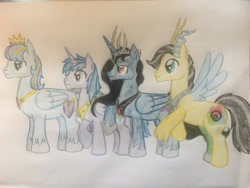 Size: 2828x2121 | Tagged: safe, artist:gibina4ever, derpibooru import, oc, oc:kingston, oc:prince knight shield, oc:prince phantom, oc:prince sparkle, alicorn, hybrid, alicorn oc, horn, interspecies offspring, next generation, offspring, parent:discord, parent:flash sentry, parent:fluttershy, parent:king sombra, parent:princess cadance, parent:princess luna, parent:shining armor, parent:twilight sparkle, parents:discoshy, parents:flashlight, parents:shiningcadance, prince, traditional art, wings