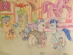 Size: 2828x2121 | Tagged: safe, artist:gibina4ever, derpibooru import, fancypants, flash sentry, soarin', spike, oc, oc:gideon, oc:hurricane storm, oc:venus, oc:violetta, dracony, dragon, hybrid, high res, interspecies offspring, next generation, offspring, older, older spike, parent:applejack, parent:fancypants, parent:flash sentry, parent:rainbow dash, parent:rarity, parent:soarin', parent:spike, parent:twilight sparkle, parents:applespike, parents:flashlight, parents:raripants, parents:soarindash, traditional art