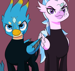 Size: 1454x1378 | Tagged: safe, artist:chedx, derpibooru import, gallus, silverstream, griffon, hippogriff, bodysuit, clothes, crystal of light, female, male, the storm 6, the storm six, uniform, wingblade, wings