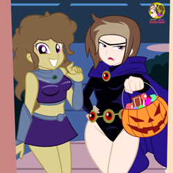 Size: 3920x3920 | Tagged: safe, artist:succubi samus, derpibooru import, oc, oc:moon pearl, oc:rella, equestria girls, candy, clothes, cosplay, costume, food, halloween, halloween costume, high res, holiday, raven (teen titans), show accurate, sports bra, starfire, teen titans, trick or treat