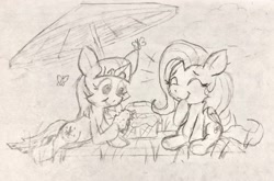 Size: 3312x2188 | Tagged: safe, artist:gorby, derpibooru exclusive, derpibooru import, fluttershy, twilight sparkle, unicorn twilight, pegasus, unicorn, high res, pencil drawing, picnic, traditional art